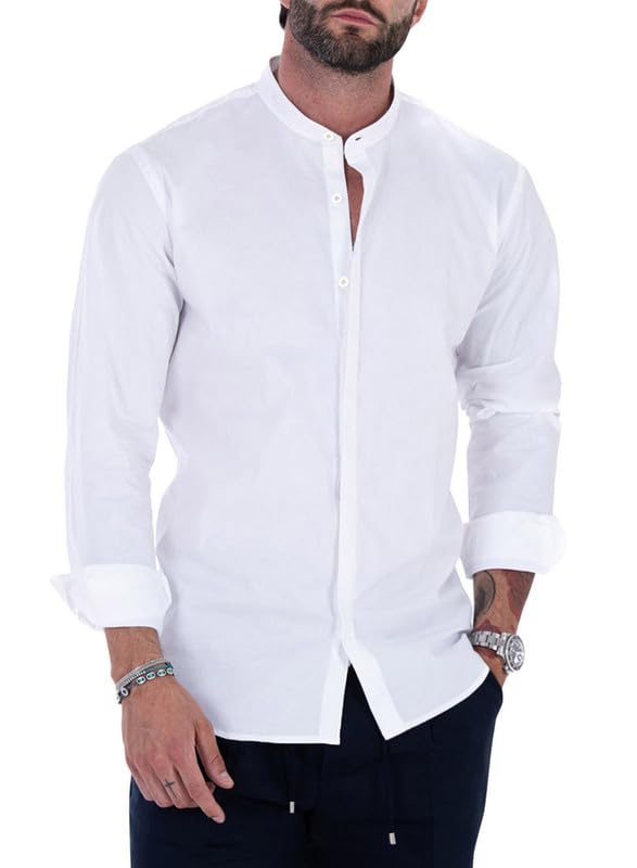 JMIERR Men's Banded Collar Slim Fit Long Sleeve Casual Button Down Dress Shirts, S, White
