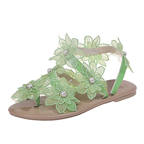 Plus Size Women's Open Toe Flat Sandals Summer Flowers Print sandals Shoes Comfort Breathable sandals for women 2024 Green, 9