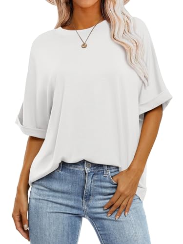 ANRABESS Women's Oversized T Shirts Short Sleeve Crewneck Summer Tops Casual Loose Basic Tee Shirts 2024 Trendy Clothes White Medium