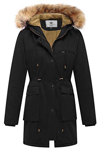 WenVen Womens Winter Hooded Coat Ladies Warm Canvas Military Jacket (Black, 2XL)