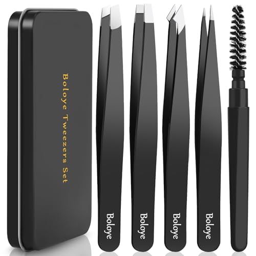 Boloye Tweezers Set, 4Pcs Eyebrow Tweezers and an Eyebrow Brush with an Metal Case, Professional Stainless Steel for Men & Women, Precision for Facial Hair, Splinter and Ingrown Hair Removal