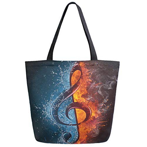 ZzWwR Stylish Fire and Water Music Notes Extra Large Canvas Market Beach Travel Reusable Grocery Shopping Tote Bag Portable Storage HandBags