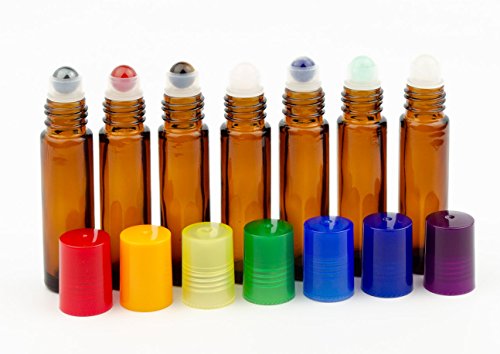 Grand Parfums CHAKRA HEALING SET of Natural Gemstone Roller Balls, in Amber Glass 10ml Glass Roller Bottles with Chakra Colored Caps for Easy Identification