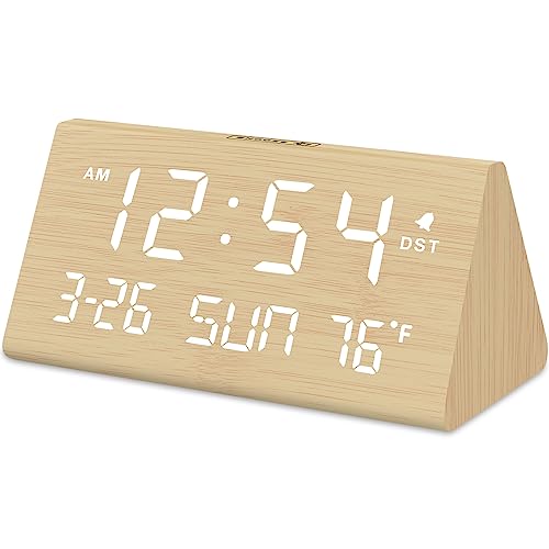 DreamSky Digital Alarm Clocks for Bedrooms - Wooden Electric Clock with USB Ports, Date, Weekday, Temperature, 0-100% Brightness Dimmer, Adjustable Alarm Volume, Snooze, Auto DST