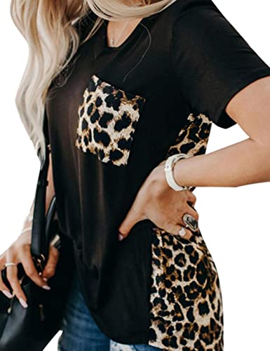 Blooming Jelly Women's Leopard Print Tops Casual Summer Loose V Neck Shirts Short Sleeve Blouses with Pocket (Medium, Black)