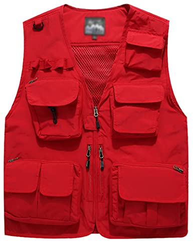 Flygo Men's Casual Lightweight Outdoor Travel Fishing Vest Jacket Multi Pockets (Medium, Red)