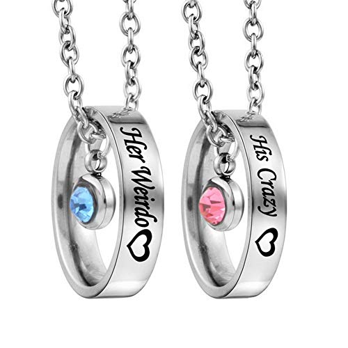 MJartoria Matching Necklaces for Couples, His and Hers Engraved Rhinestone Ring Pendant Set Gifts for Boyfriend Girlfriend(Silver-Her Weirdo His Crazy)