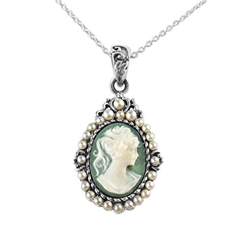 Sterling Silver Katja Resin Cameo Synthetic Pearls Necklace, Green