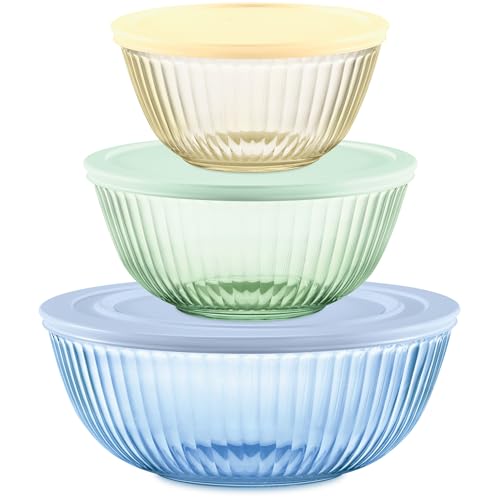 Pyrex Sculpted Tinted 6-PC Full Set, Small/Medium/Large Glass Mixing Bowls With Lids, Nesting Space Saving Set of Bowls For Prepping and Baking, 1.3QT, 2.3QT & 4.5QT