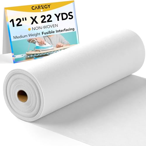 CAREGY 12 inch X 22 Yards Iron-On Fusible Interfacing Medium Weight White Non-Woven Polyester Single-Sided Interfacing for Crafting Quilting Sewing DIY Crafts Supplies