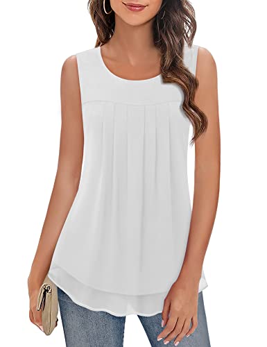 Timeson Womens Sleeveless Blouses,Chiffon Tunics Tops for Women Summer Office Work Tank Tops for Leggings Business Casual Women's White Dressy Cami Flowy Shirts Ladies Loose Sheer Wear Large