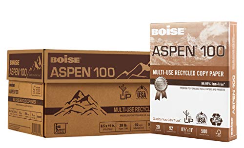 Boise Paper 100% Recycled Multi-Use Copy Paper, 8.5' x 11' Letter, 92 Bright White, 20 lb, 10 Ream Carton (5,000 Sheets)