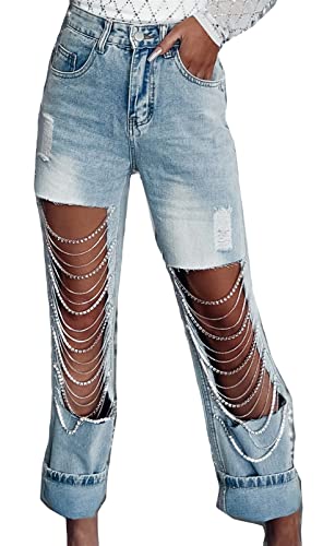 Hotheart Womens Sexy Ripped Distressed Destroyed Rhinestones Chain Party Clubwear Denim Pants Jeans