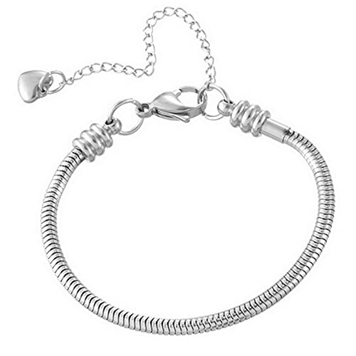 TGLS Women Girls European Charm Bracelet Stainless Steel 3mm Snake Chain Bracelet Fits Charms Bead