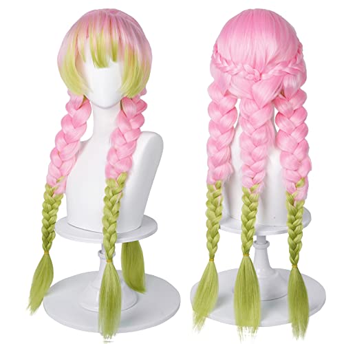 SL Wig for Mitsuri Cosplay DS Green and Pink Anime Cosplay Wigs with Cap for Halloween Costume Party