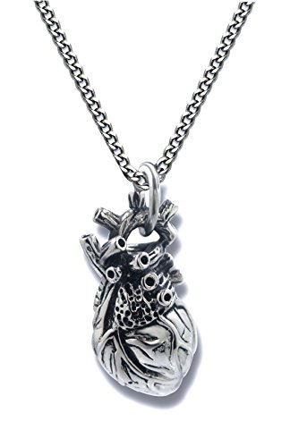 Pearlina Anatomical Heart Necklace Man or Woman 3D Pendant Oxidized Antique-Finish Stainless Steel, 24'