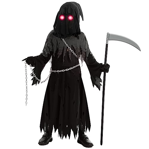 Spooktacular Creations Child Unisex Glowing Eyes Grim Reaper Costume, Phantom Costume for Creepy Phantom Halloween Costume-L(10-12yr)