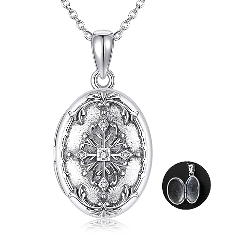 HUKKUN Locket Necklace Sterling Silver Vintage Photo Necklace for Women Locket Jewelry Gift for Mother Daughter
