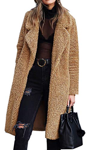 Angashion Women's Fuzzy Fleece Lapel Open Front Long Cardigan Coat Faux Fur Warm Winter Outwear Jackets Dark Camel 2XL