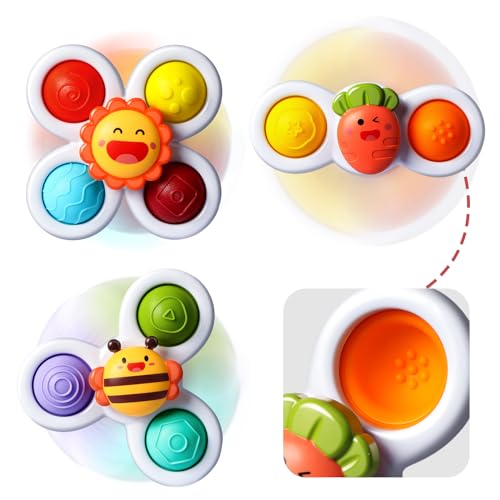 ALASOU 3PCS Pop up Suction Cup Spinner Toys for 1 Year Old Boy Girl|Novelty Spinning Tops Toddler Toys Age 1-2|Sensory Baby Bath Toys for Toddlers 1-3|6 12 18 Months Boy Birthday Gift for Infant