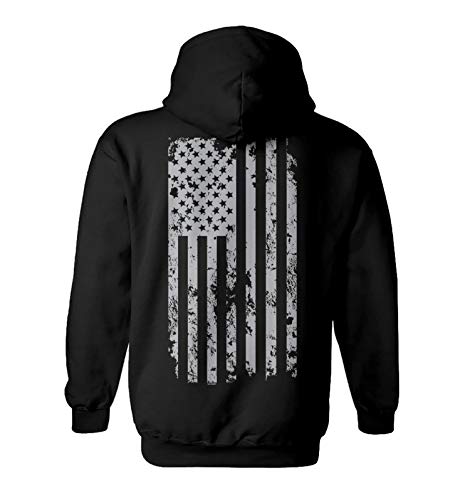Haase Unlimited Silver American Flag - USA Patriotic Freedom Unisex Hoodie Sweatshirt (Black - Back Print, Medium)
