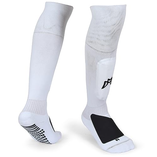 MediCaptain Ultimate Soccer Sock with Shin Guard - Metatarsal Pad - Anti Slip Grip| Mens Womens Long Athletic Sock for Soccer, Football, Training, White Knee Sock