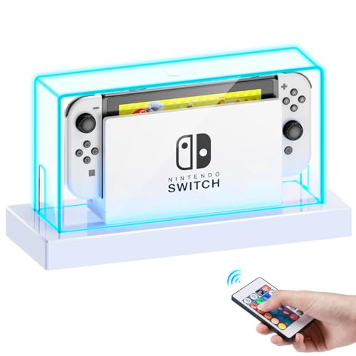 KUNSLUCK Dust Cover with 16 LED Colors Light Base for Nintendo Switch/OLED, Acrylic Clear Display Box Anti-Scratch Dustproof Dock Cover