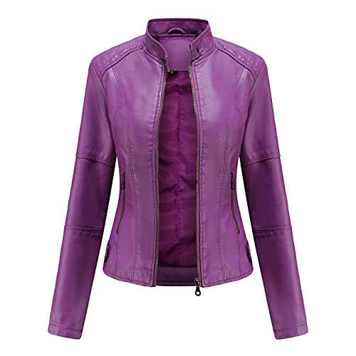DEAR MODEL Faux Leather Jacket Women Bomber Jacket Women's Belted Motorcycle Jacket,Purple,XXL
