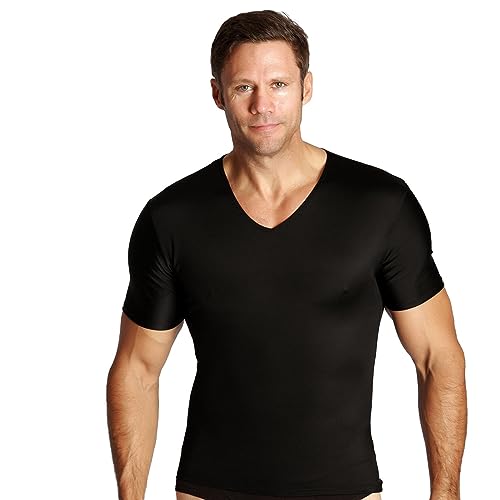 Insta Slim Men’s Slimming Compression Fitted Short Sleeve V-Neck T-Shirt for Working Out, Gym, Special Occasions, Back Support, Everyday Wear (Black-XL) (Made in The USA)