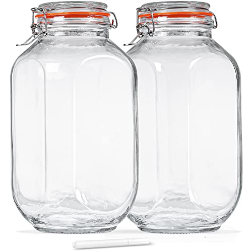 1 Gallon Square Glass Storage Jars with Airtight Lids, 2 Pack Large Glass Pickle Jars for Fermenting, Clear Glass Canister for Flour, Cookie, Candy, Kombucha, Sun tea(Extra Labels and Gasket)
