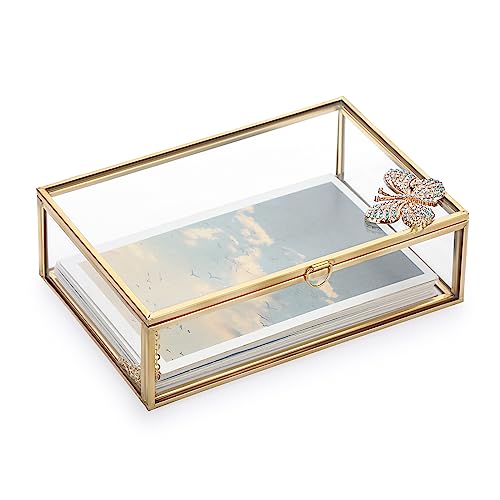 Hipiwe Gold Glass Photo Box - Vintage Photo Storage Organizer Butterfly Trinket Box Jewelry Display Organizer Keepsake Box Case Home Decor Gift for Girl Women (4 * 6 inch)