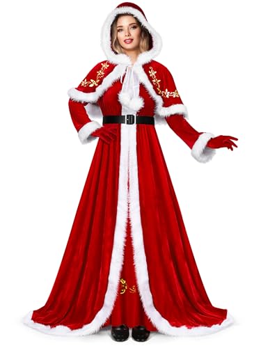 AOTHSO 4 Pieces Women Christmas Deluxe Mrs. Claus Costume Set Velvet Dress Hooded Cloak Cape Gloves Belt for Cosplay Party