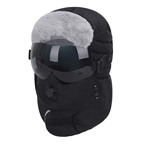 Women Men Trooper Trapper Hat Winter Ski Hat with Windproof Ear Flap Face Mask Goggles Faux Fur Lined Full Cover Balaclava Waterproof Russian Ushanka Cossack Hat Hunting Cycling Cap Thermal Winter Hat