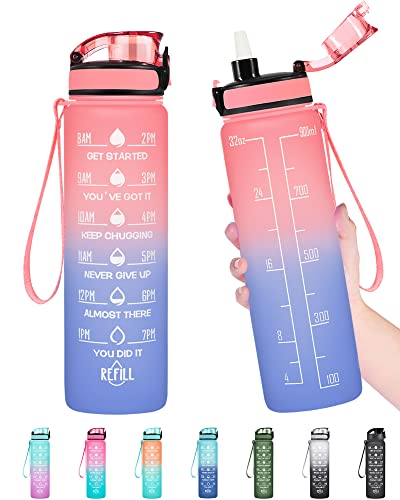 Enerbone 32 oz Water Bottle, Leakproof BPA & Toxic Free, Motivational Water Bottle with Times to Drink and Straw, Fitness Sports Water Bottle with Strap for Office, Gym, Outdoor Sports, Pink-Blue