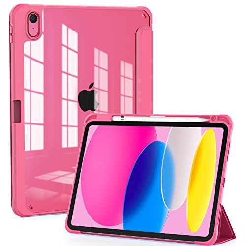 OKP for New iPad 10th Generation Case 2022, ipad 10.9 inch Case with Trifold Stand, Auto Wake/Sleep, Protective Cover with Slim Lightweight Clear PC Back Shell for Women Men, Rose Red