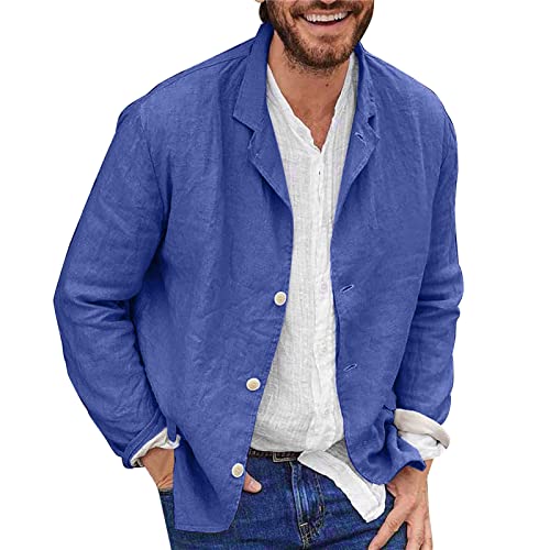 Men's Linen Blazer Lightweight Suit Jackets Relaxed Fit Two Buttons Solid Color Casual Sports Coat(Blue,3X-Large)