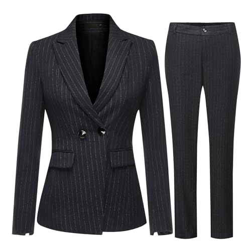 YUNCLOS Women's 2 Piece Office Lady Stripes Business Suit Set Slim Fit Blazer Jacket Pant