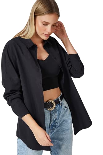 Womens Dressy Blouses Tops, Casual Long Sleeve Loose Fit Button Down Shirts (X-Large, Black)