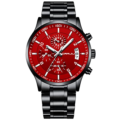 CRRJU Watches Men's Fashion Luxury Stainless Steel Watches Date Waterproof Chronograph Wristwatches,Casual Business Japan Movement QuartzWatch(Black red)