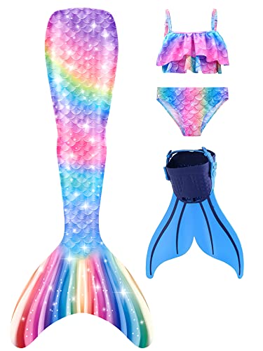 DNFUN Girls Mermaid Suit with Monofin for Swimming Pool Cosplay Halloween Christmas,Blue fin-ALM9,140