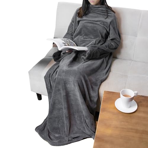 PAVILIA Wearable Blanket with Sleeves for Adults Women Men, Grey Fleece Soft Warm Full Body Wrap Throw, Front Pocket, Cozy Robe Blanket with Arm, Gifts for Christmas, Mom Wife