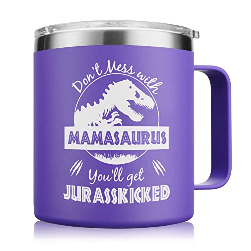 NOWWISH Christmas Gifts for Mom from Daughter, Son, Mamasaurus Coffee Mug, Birthday Gifts for Women, Mother-in-Law, Wife, New Mom Christmas Gifts - Purple14 Oz