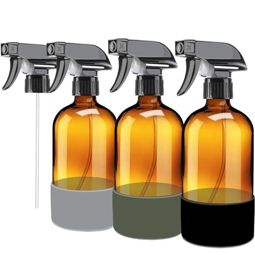 HOOPLE Amber Glass Spray Bottles with Silicone Sleeve 3PACK - Refillable 17oz Containers for Essential Oils, Plants, Cleaning Solutions, Hair Mister-Upgraded Noozle with Mist and Stream Setting