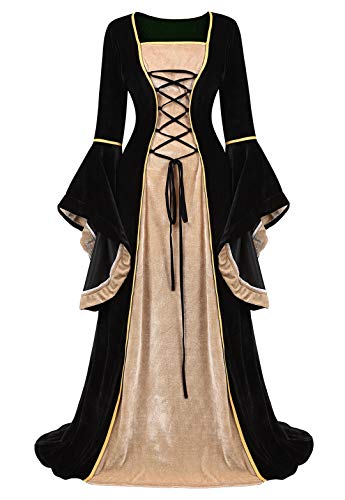Kranchungel Womens Renaissance Medieval Dress Costume Irish Lace up Over Long Dress Retro Gown Cosplay Black X-Large