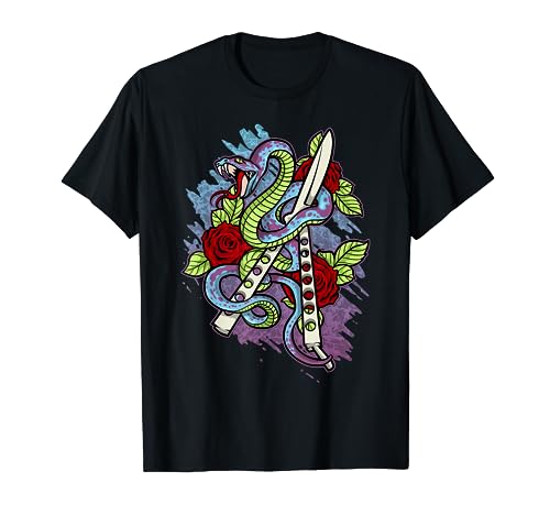 Butterfly Knife Snake Roses Tattoo Style Balisong Flip Art T-Shirt