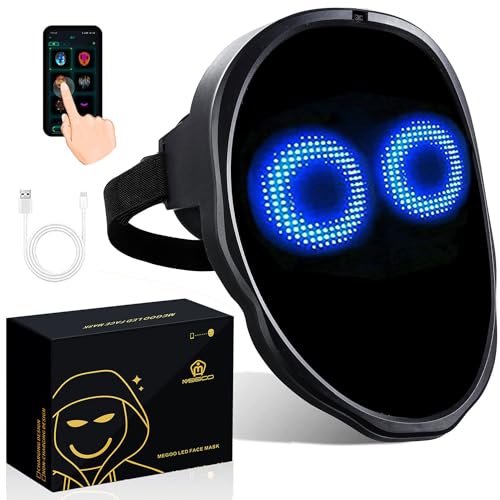 MEGOO Led Mask with Bluetooth Programmable App,Shining Led Light Up Face Mask for Adult Kid Halloween Masquerade Party (USB Recharge)