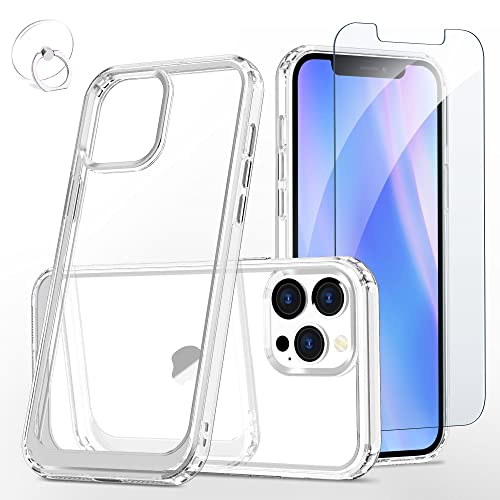 LUMENAIR Crystal Clear Case Compatible with iPhone 13 Pro, Shockproof Protective Clear Case for iPhone 13 Pro 6.1 Inch + Tempered Glass Screen Protector + Finger Ring Stand, Anti-Yellowing, Clear
