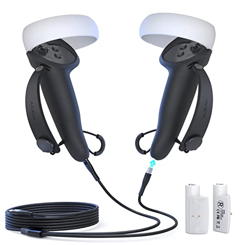 Aubika Rechargeable Controller Grips Cover for Meta/Oculus Quest 2, with Charge Cable and Battery(1000mAh X2), Adjustable for Different-Sized Hands - Black