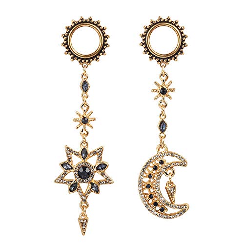 Casvort 2 PCS 10mm (00g) Hypoallergenic 316 Stainless Steel Beautiful Asymmetrical Gold Moon Star Dangle Ear Plugs Tunnels Gauges Stretcher Piercing Body Jewelry
