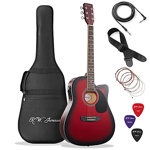 Jameson Guitars Full Size Thinline Acoustic Electric Guitar with Free Gig Bag Case & Picks Red Right Handed